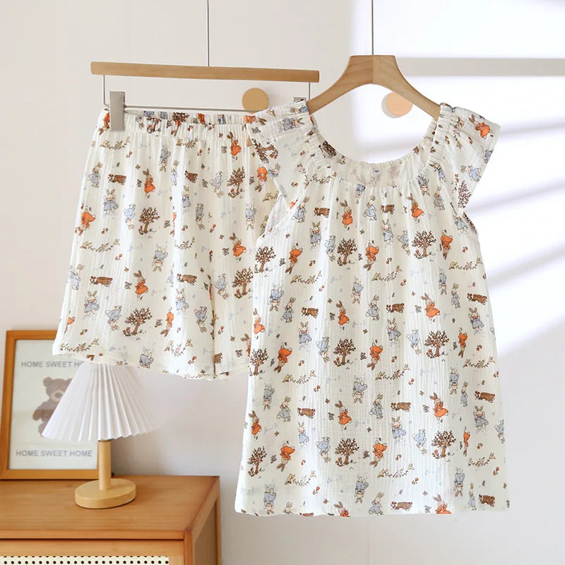 Saviig Cotton Crepe Summer Pajama Set: Vest + Shorts Two Piece Sleepwear for Women