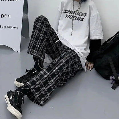 Saviig Black Plaid Hip Hop Wide Leg Pants Harajuku Style Oversize Trousers