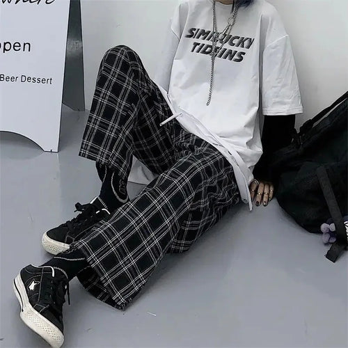 Saviig Black Plaid Hip Hop Wide Leg Pants Harajuku Style Oversize Trousers