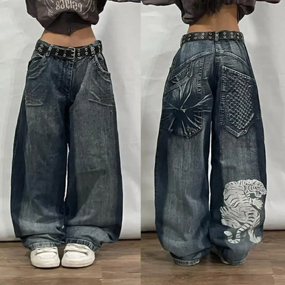 Saviig Harajuku Fashion Letter Embroidery Oversized Baggy Jeans Men Retro Gothic Trousers