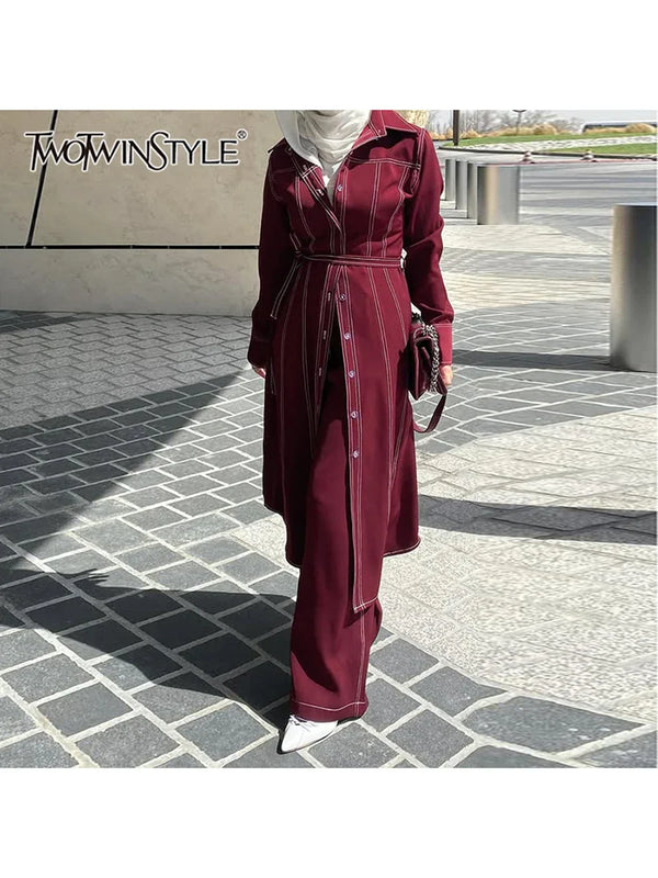 Saviig Spliced Button Slim Long Coat for Women in Lapel Collar & High Waist Style