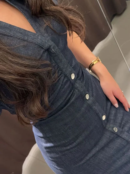 Saviig Chic Pleated Denim Dress: Short Sleeve Lapel Solid Vestidos