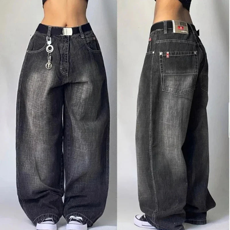 Saviig Black Letter Print Baggy Jeans: High Waist Gothic Wide Leg Trousers