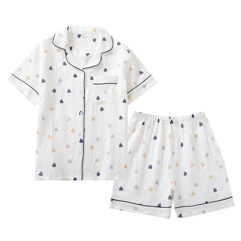 Saviig Cotton Gauze Short Sleeve Pajama Set