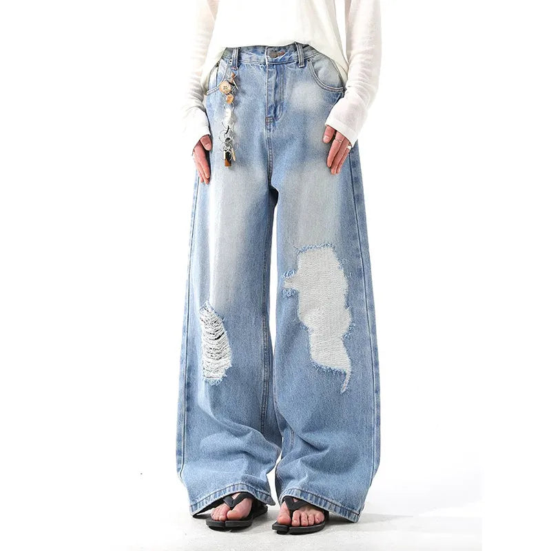 Saviig Vintage Straight High Waist Blue Jeans Wide Leg Pants Denim Trouser