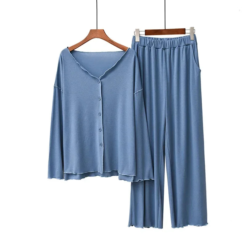Saviig Cotton Pajama Set, Solid Color Cardigan & Long-Sleeve Pants for Women