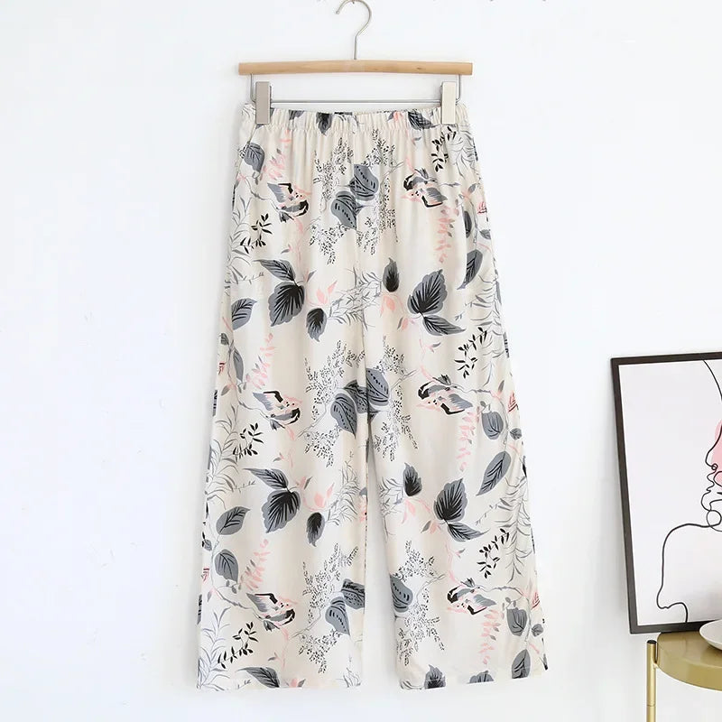 Saviig Summer Viscose Wide Leg Pajama Cropped Pants Plus Size