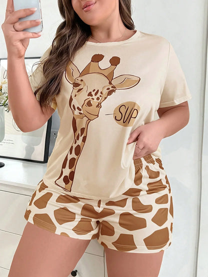 Saviig Giraffe Print Milk Silk Pajama Set for Plus Size Women