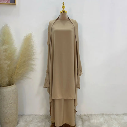 Saviig Satin Jilbab Set, Smocked Abaya, Khimar, Side Pocket Skirt