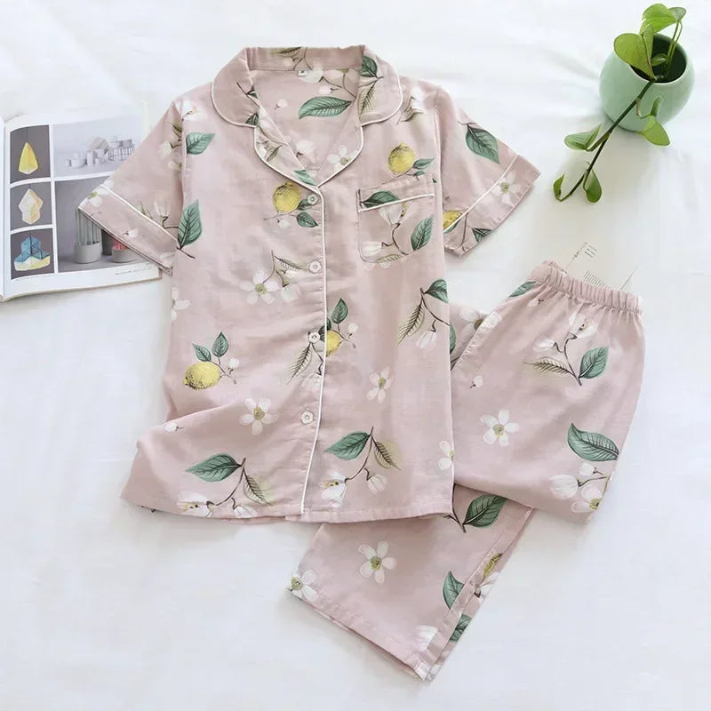 Saviig Cotton Gauze Women's Pajama Set: Short-Sleeve Top & Pants, Cute & Lightweight