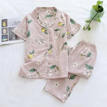 Saviig Cotton Gauze Women's Pajama Set: Short-Sleeve Top & Pants, Cute & Lightweight