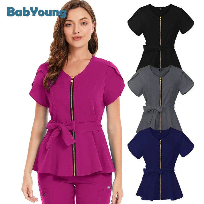 Saviig Korean Style Medical Uniform Women's Slim Scrub Top Beauty Salon Work Blouse
