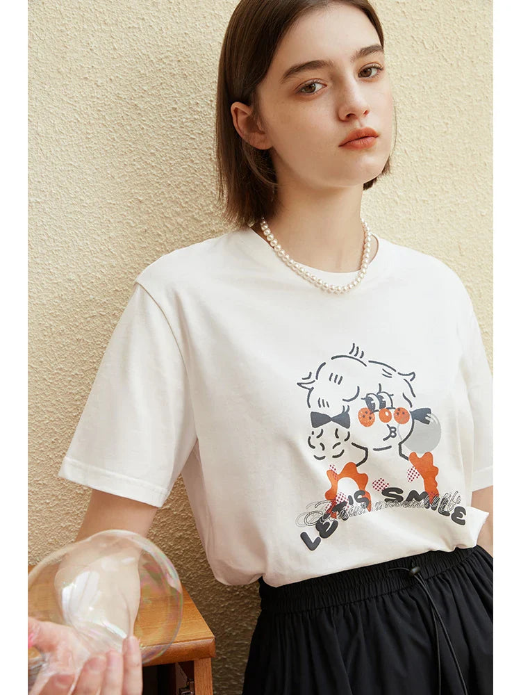 Saviig American Retro Loose Cotton Printed Short-sleeve T-shirt Women Summer Casual Tops