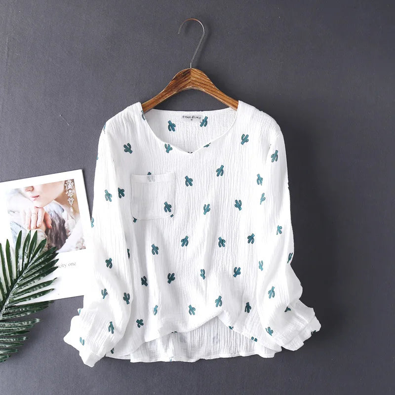 Saviig Cotton Crepe Long-Sleeved Pajamas: Comfortable Japanese Style Home Wear