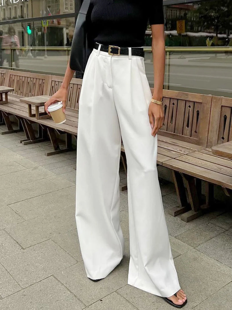 Saviig High Waist Wide Leg Pants | White Office Lady Loose Trousers