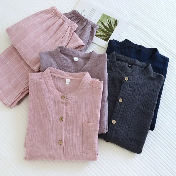 Saviig 100% Cotton Japanese Style Couple Sleepwear Set in Long-Sleeved