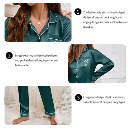 Saviig Ladies' Love Embroidered Pajama Set - Collar Top & Soft Pants, Autumn Comfort