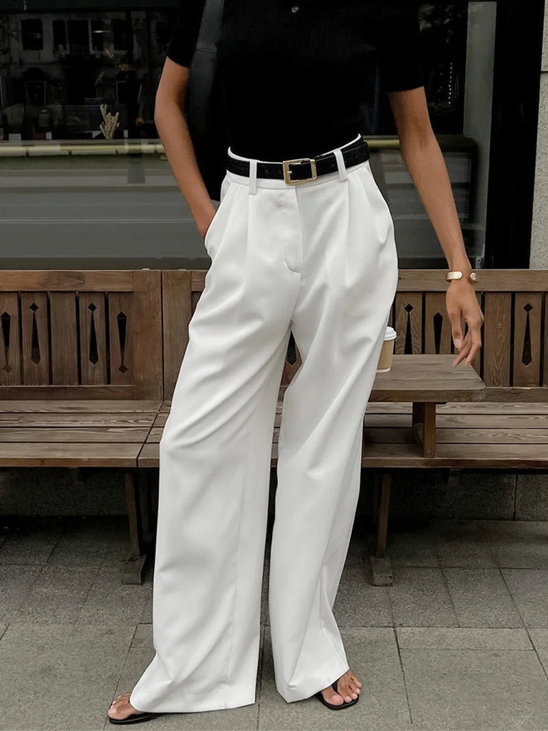 Saviig High Waist Wide Leg Pants | White Office Lady Loose Trousers
