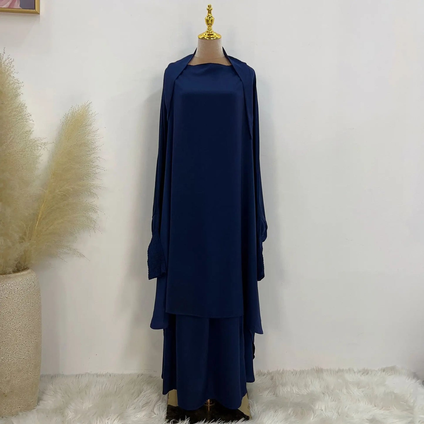 Saviig Satin Jilbab Set, Smocked Abaya, Khimar, Side Pocket Skirt