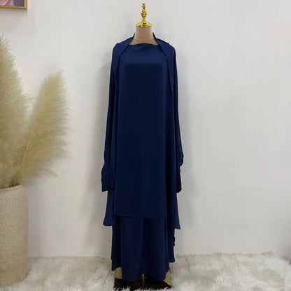 Saviig Satin Jilbab Set, Smocked Abaya, Khimar, Side Pocket Skirt