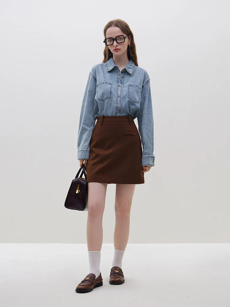 Saviig Deep Blue Soft Denim Shirt - Women's Retro Casual Layered Top