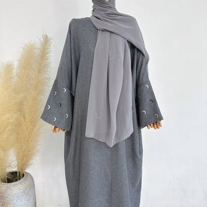 Saviig Moon Embroidery Open Abaya, Batwing Sleeves Kimono for Muslim Women