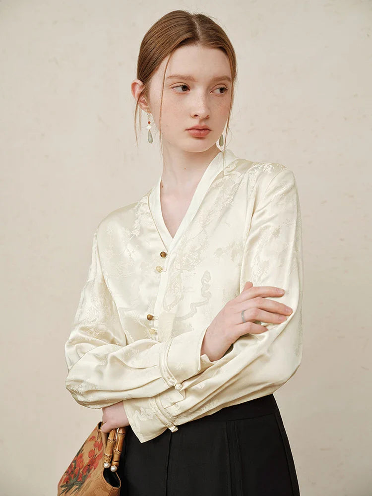 Saviig 2024 Spring V-neck Acetic Acid Shirt - Light National Style Top