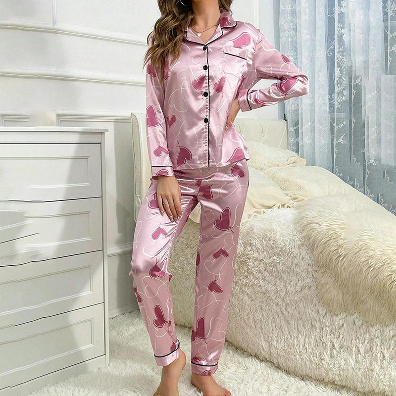 Saviig Heart Print Satin Pajama Set: Long Sleeve Top & Pants Lounge Wear
