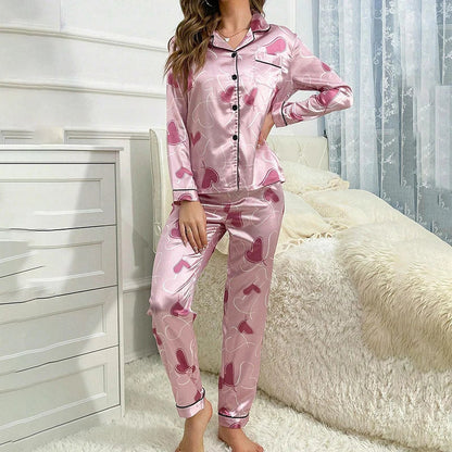 Saviig Heart Print Satin Pajama Set: Long Sleeve Top & Pants Lounge Wear