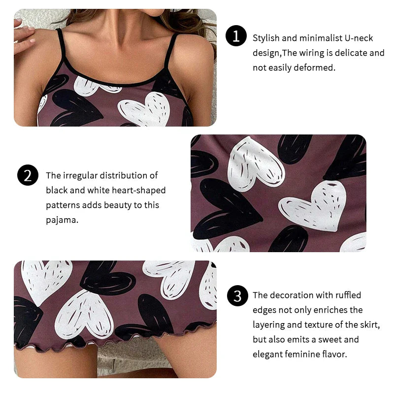 Saviig Heart Print Cami Sleep Dress with Lettuce Trim for Women