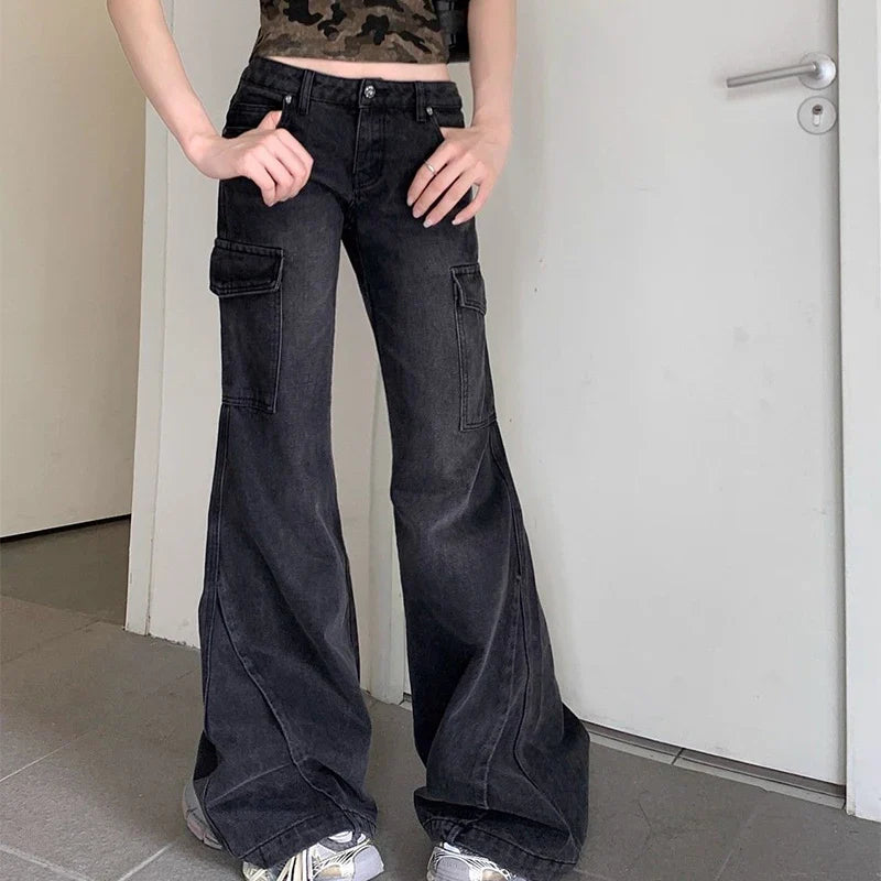 Saviig Flare Cargo Jeans Women High Street Denim Y2K Slimming Trousers