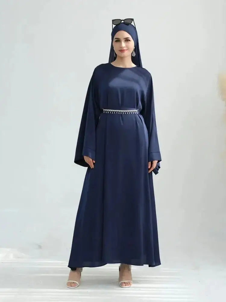 Saviig Ramadan Eid Satin Abaya Set for Women - Luxury Dubai Chain Hijab Dress