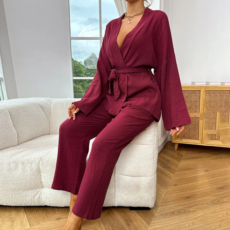 Saviig Women's Cotton Pajama Set with Robe and Kimono Pants
