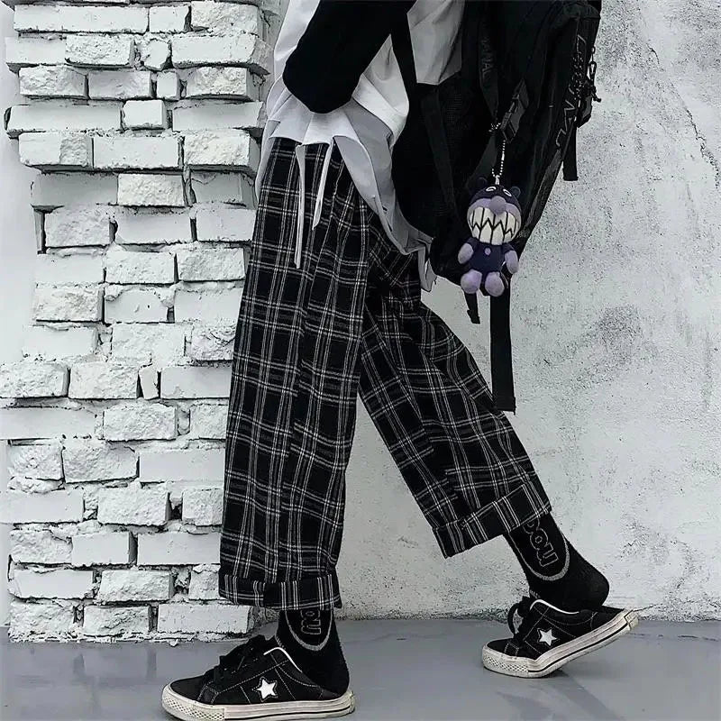 Saviig Black Plaid Hip Hop Wide Leg Pants Harajuku Style Oversize Trousers