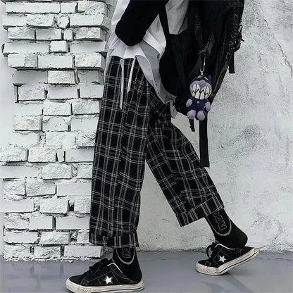 Saviig Black Plaid Hip Hop Wide Leg Pants Harajuku Style Oversize Trousers