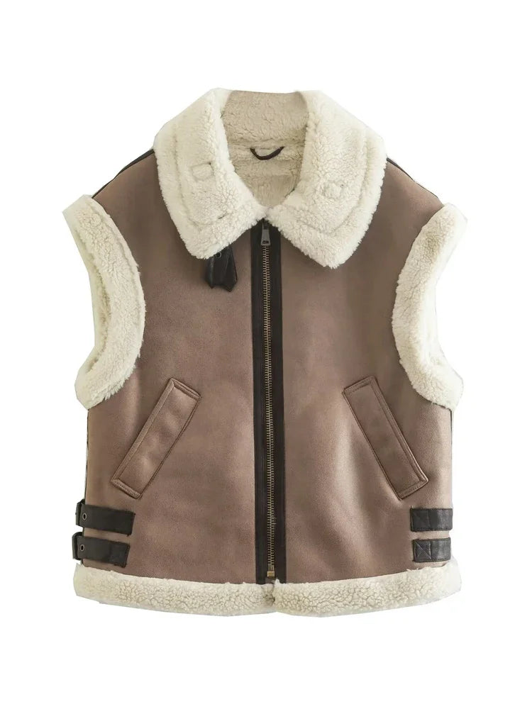 Saviig Contrast Cardigan Vest Sleeveless Zipper Pocket Patchwork Fashion Women's Jackets