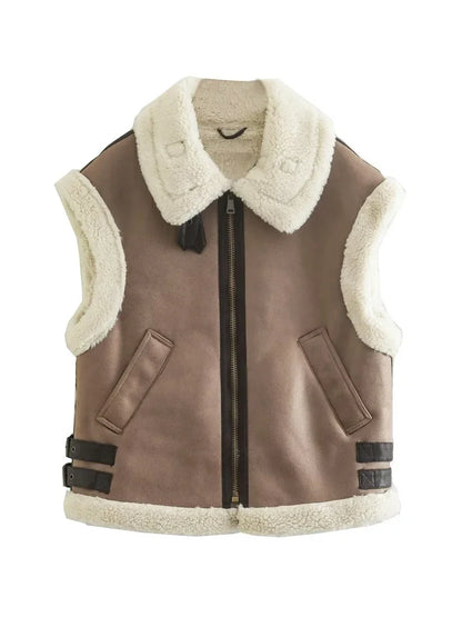 Saviig Contrast Cardigan Vest Sleeveless Zipper Pocket Patchwork Fashion Women's Jackets