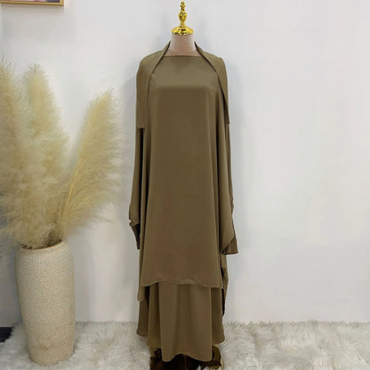 Saviig Satin Jilbab Set, Smocked Abaya, Khimar, Side Pocket Skirt