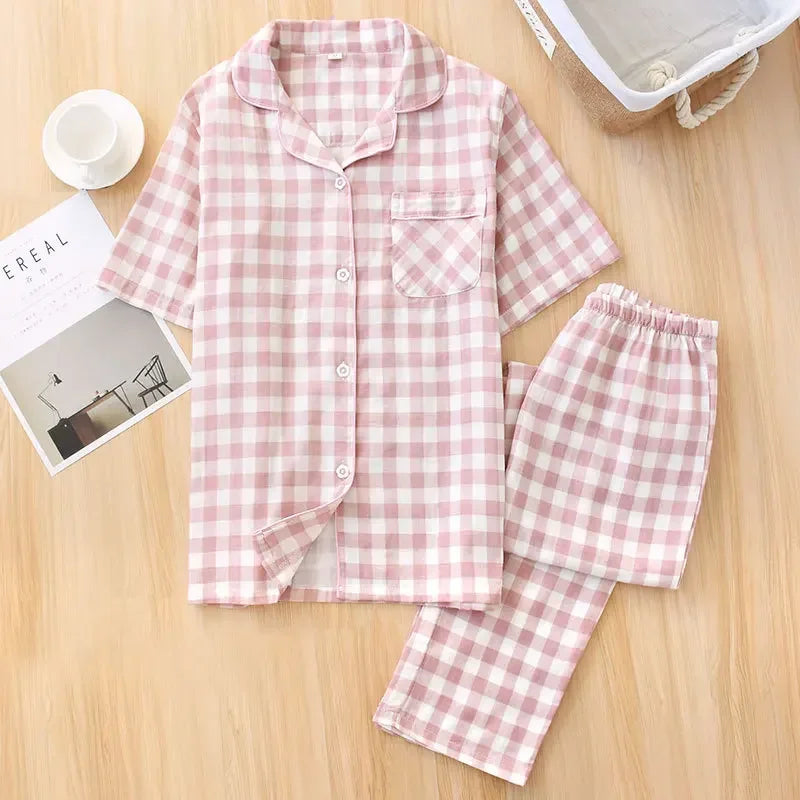 Saviig Cotton Gauze Women's Pajama Set: Short-Sleeve Top & Pants, Cute & Lightweight