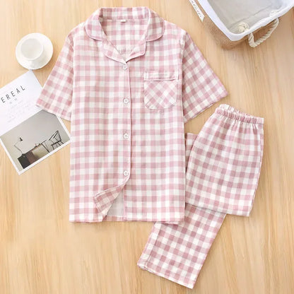 Saviig Cotton Gauze Women's Pajama Set: Short-Sleeve Top & Pants, Cute & Lightweight