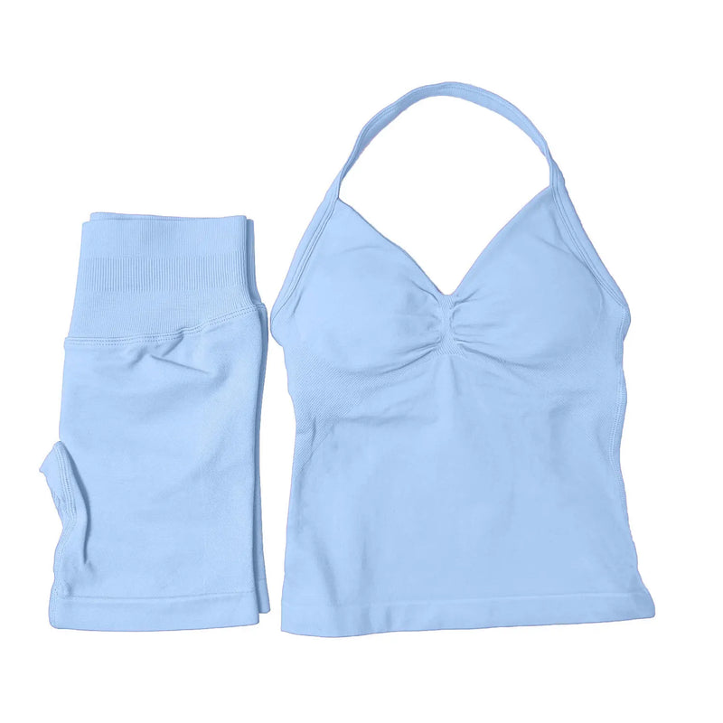 Saviig Impact Yoga Set: Longline Strappy Top & Shorts - Women's Gym Fitness Suit