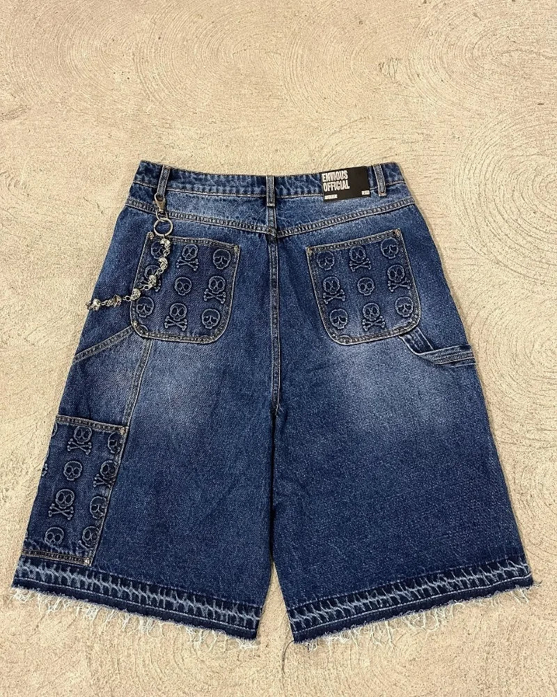 Saviig Vintage Skull Print Baggy Denim Shorts Women Gothic Hip Hop Oversized Shorts