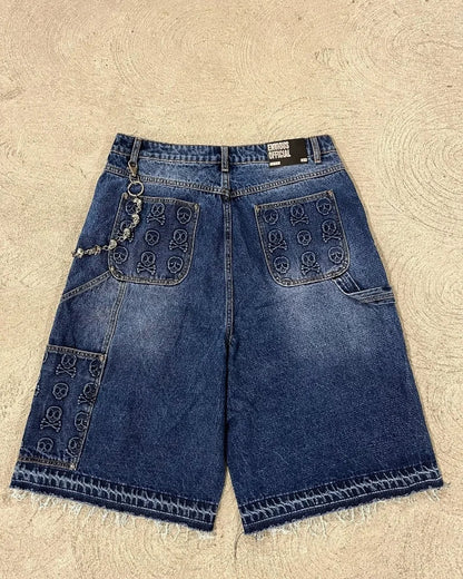 Saviig Vintage Skull Print Baggy Denim Shorts Women Gothic Hip Hop Oversized Shorts