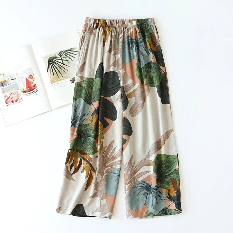 Saviig Summer Viscose Wide Leg Pajama Cropped Pants Plus Size