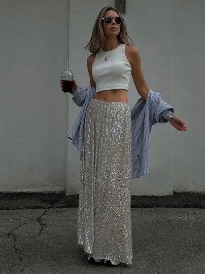 Saviig Silk Sequins Dropped Waist Long Skirt - Elegant Streetwear Fashion