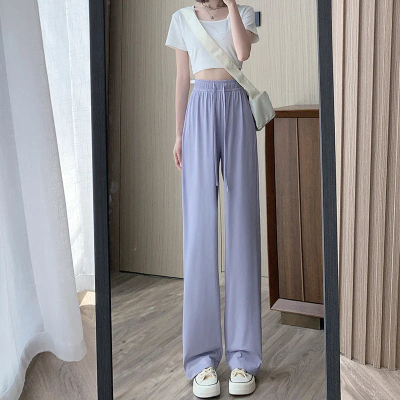 Saviig 2025 Women's Ice Silk Wide Leg Pants - High Waist Casual Sporty Summer Trousers