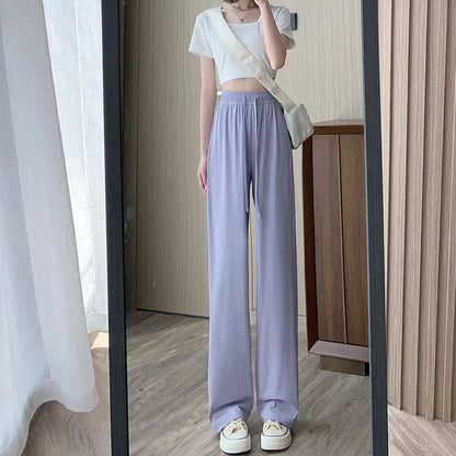 Saviig 2025 Women's Ice Silk Wide Leg Pants - High Waist Casual Sporty Summer Trousers