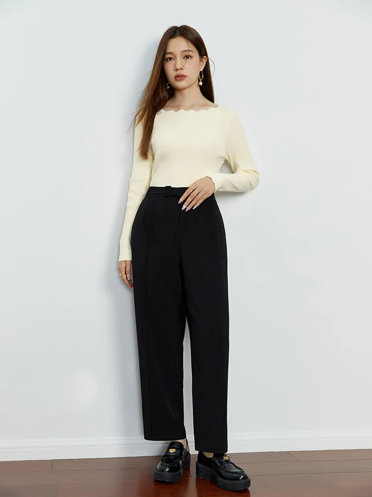 Saviig High Waist Belted Pants for Women - Stylish Straight Trousers