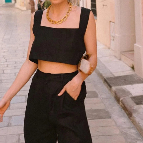 Saviig Chic Square Neck Linen Crop Top Solid Color Backless Sleeveless Summer 2025