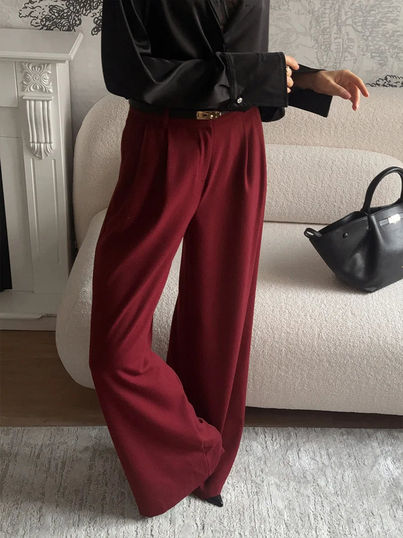 Saviig Burgundy Wide Leg Pants High Waisted Pleated Trousers